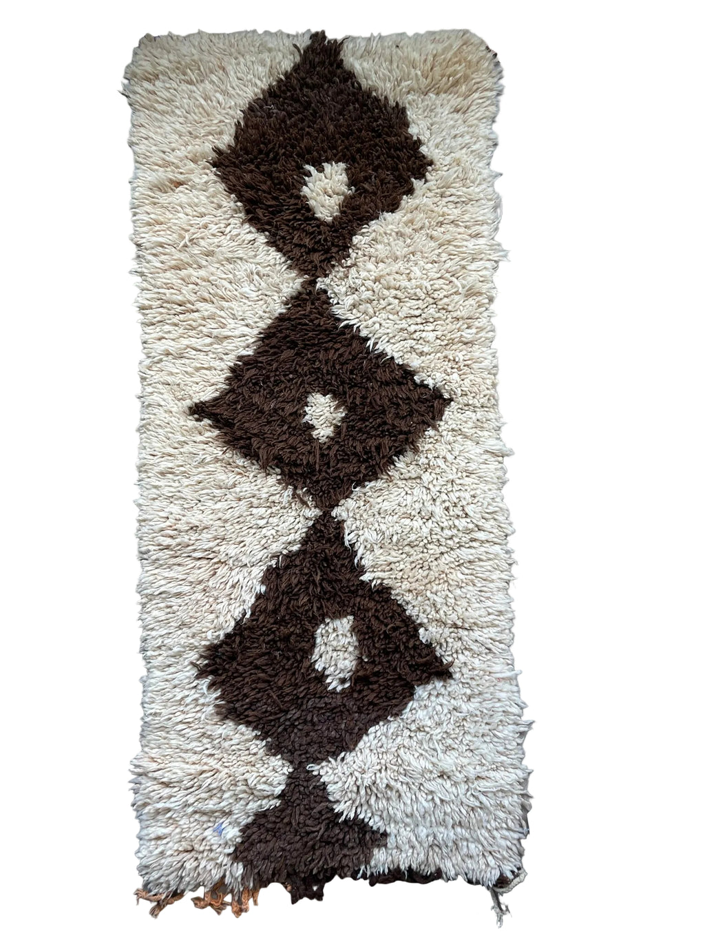 3025 Morocco/ Middle Atlas/ Beni Ourain /High-Pile Tribal Rug/Natural Ivory & Chocolate Brown/ Stacked Diamond/Lozenge Pattern.
