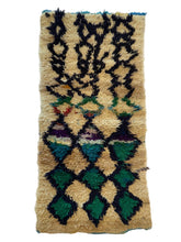 Load image into Gallery viewer, 3049 Morocco Middle Atlas/ Berber Boucherouite Influenced Shag with Stacked Diamond lattice on lower 2/3's/ abstract flame-lik e branching motif rising from center top 1/3rd