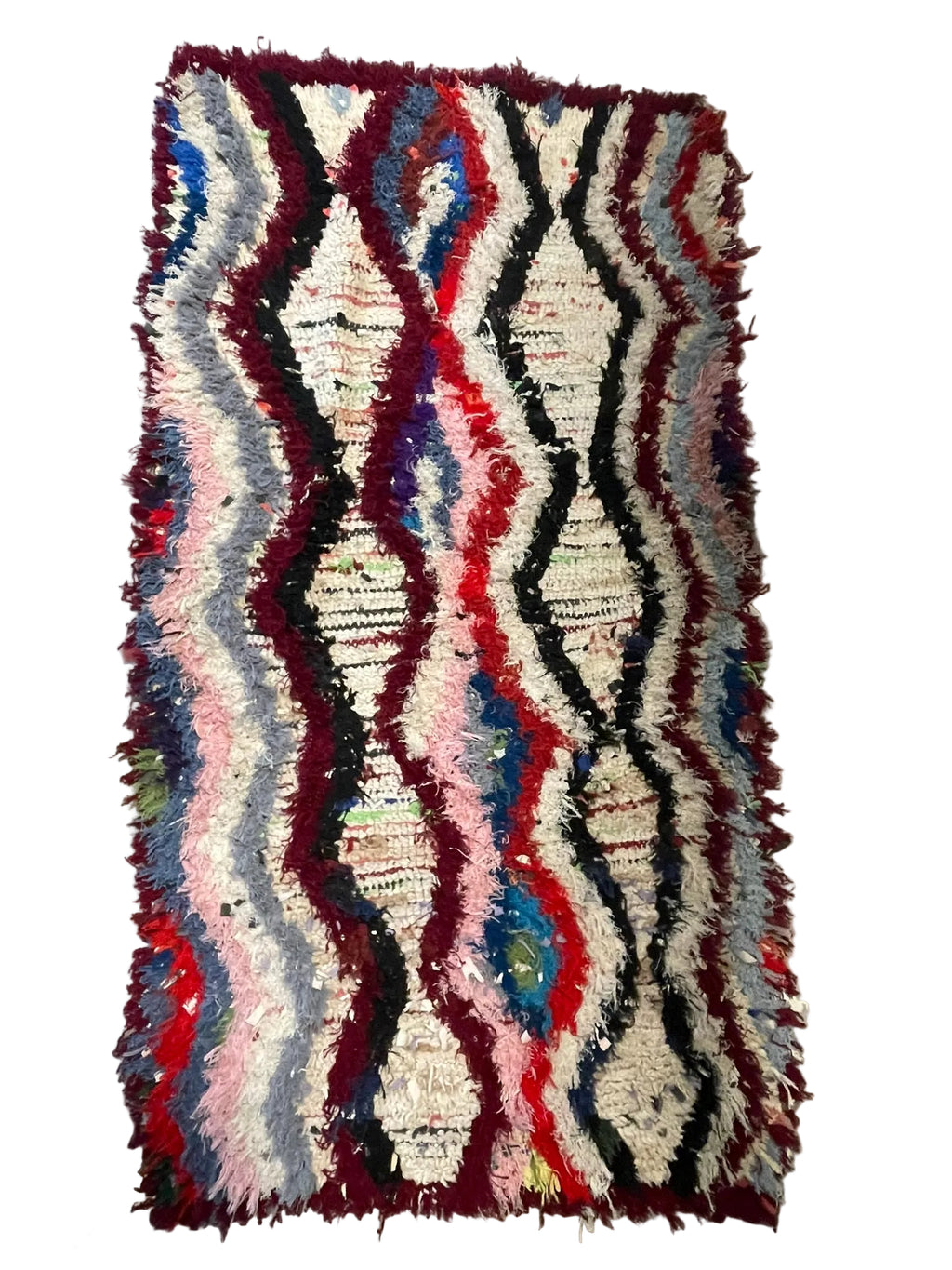 3068 Morocco / Boujad Middle Atlas region /Boucherouite /Multicolor Recycled-Textile Rug/ Wavy Vertical Diamond Pattern