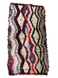 3068 Morocco / Boujad Middle Atlas region /Boucherouite /Multicolor Recycled-Textile Rug/ Wavy Vertical Diamond Pattern