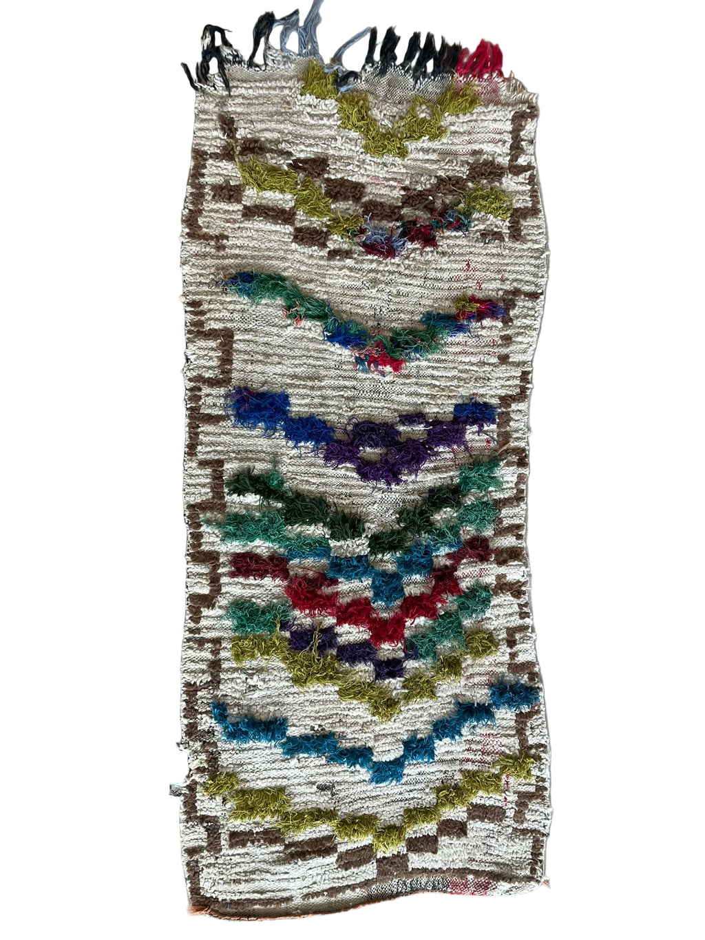3102 Morocco High Atlas Berber Pile Rug/ Azilal Style/ Boucherouite-influenced with Chevron/ Stacked V motifs/ Abstract geometric tribal pattern
