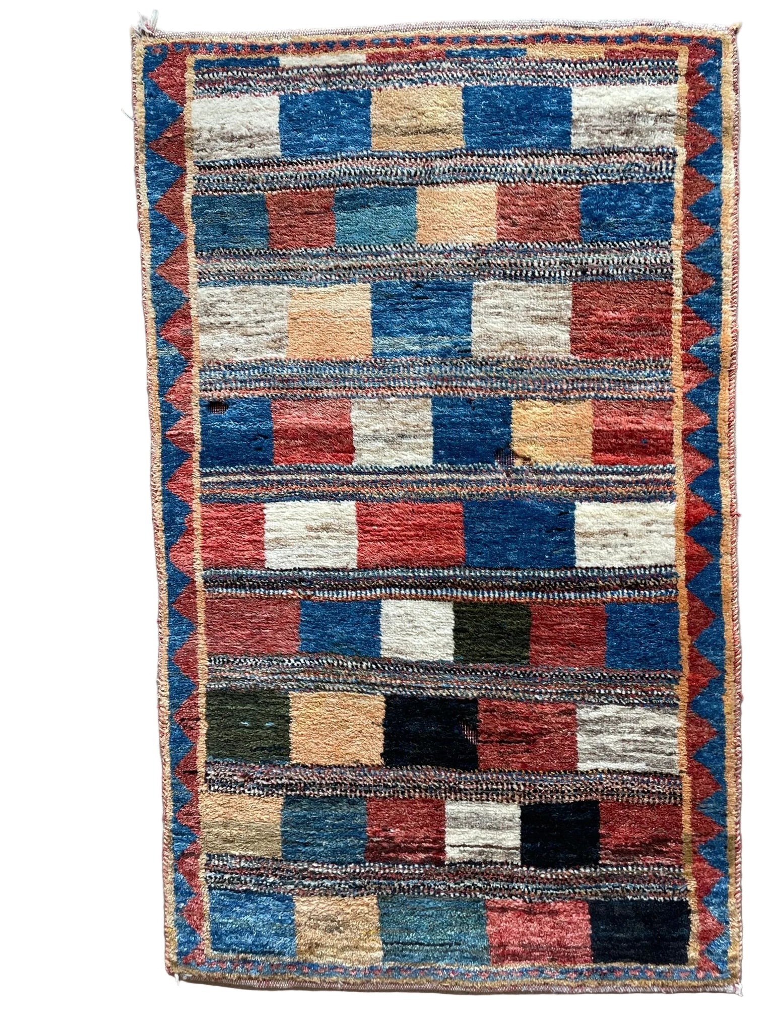3104 Iran/ Gabbeh Tribal/  Fars Province with Checkerboard/ patchwork grid/ Horizontal banding/ sawtooth border