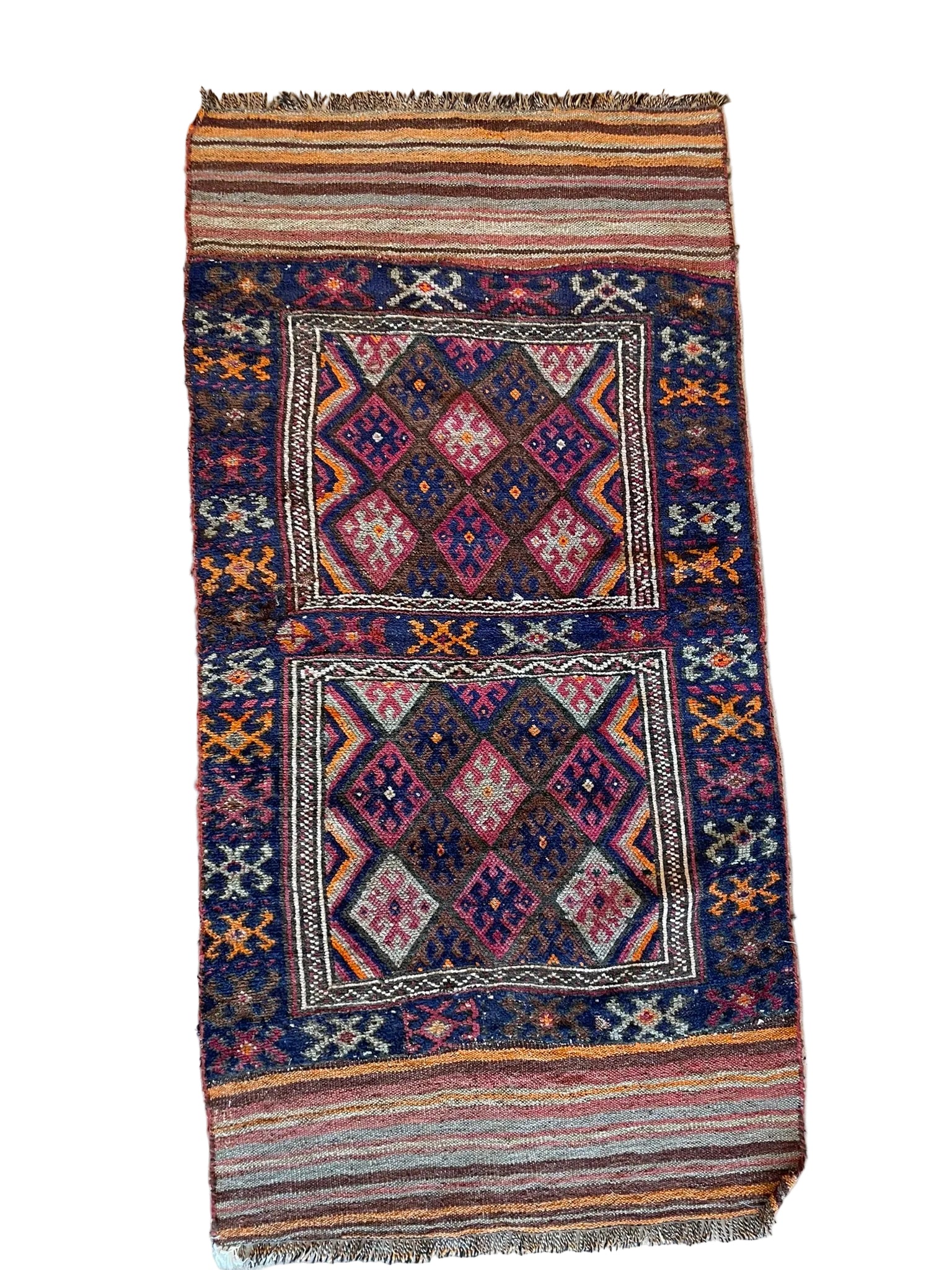3108 Iran/ Kilim/ Shahsavan Tribe Style  with Double Medallion/ nested diamonds/ Latch-Hook Motif/ Tribal symbols.