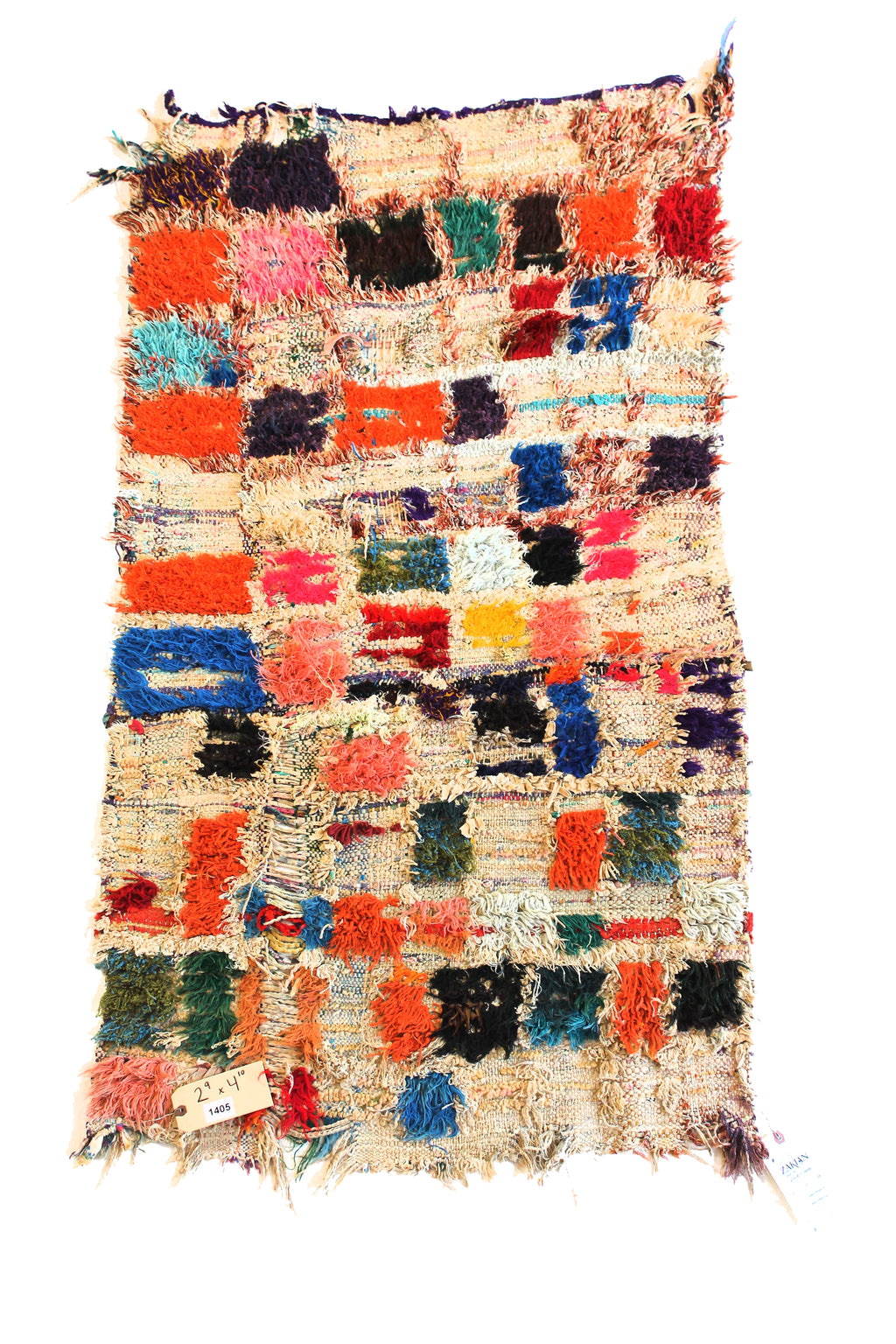 1405 boucherouite with Taupe/Red/Pink/Blue/Yellow/Black/Green Squares Pattern