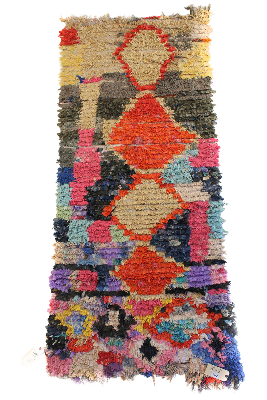 1342 boucherouite with Black/Red/Tan/Blue/Pink/Purple Diamonds and Squares Pattern